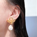 Elegant gold twisted knot earrings with oversized baroque pearl drops for women - Vintage Knot Pearl Style (855)