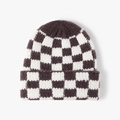 Winter cuffed knit beanie hat featuring a brown and cream checkerboard pattern for women - Dark Coffee & White Checkerboard (23B031)