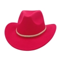 Detailed close-up of rose red felt fedora hat featuring woven band and wide curved brim - One Size / Rose Red