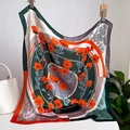 Detailed drape of silk square scarf featuring vibrant red poppy floral and geometric patterns - 70x70cm / Dark Green & Gray Poppy (FJ741-2)
