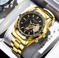 Luxury gold stainless steel chronograph watch with black dial and luminous hands - Gold Band Gold Case Black Face