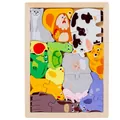 3D wooden animal puzzle blocks for kids featuring cat, cow, and sheep cartoon shapes - Large Animal Style 1
