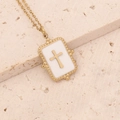Golden stainless steel necklace with rectangular cross pendant on a textured stone surface - Cross Rectangular Style (1#)