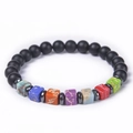 Macro shot of chakra bracelet with black matte beads and colorful square healing stones - Matte Stone