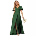 Elegant dark green satin evening dress with deep V-neck and high side slit design - US size 2 / Green