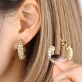 Elegant gold-plated thick C-hoop earrings featuring full micro-pave white zirconia crystals - Thick Pavé Hoop Earrings / Gold Pavé Zirconia