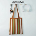 Vertical brown, green, and white striped knitted tote bag with reinforced handles - Caramel Green Stripe