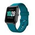 Detail view of teal silicone 19mm watch strap for ID205L with matte black square case - Rock Blue
