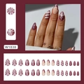 Paarse glitter amandel plaknagels met witte strepen en feestelijk strikje - 30 Stuks/Doos (Met Lijm) / Paarse fijne glitter kerststijl (W1838)
