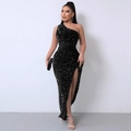Elegant black sequin one-shoulder slim evening dress with a high side slit detail - XS / Black