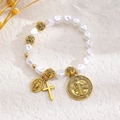 Religious beaded bracelet with white heart pearls, golden cross, and saint medals - Antique Gold (M-456)