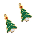 Green enamel Christmas tree pendant with gold border and red star detail - Gold Striped Christmas Tree