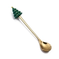 Golden stainless steel spoon with a green Christmas tree handle decoration on a white background - Round Christmas Tree Spoon / Titanium Gold