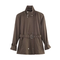 Dames trenchcoat in tan met opstaande kraag, ceintuur en metalen knopen op een witte achtergrond - XS / Donkerbruin