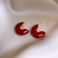 Detail of red C-shaped glossy hoop earrings with gold metal base on silk background - Smooth C-shape Style (41#) (Silver Earring Post) / Red/Gold