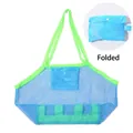 Foldable blue mesh beach bag for kids with neon green handles and compact storage pouch - Thickened Large Mesh Bag 45x45x26cm Blue with Green Bag
