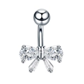 Polished stainless steel belly ring with AAA zircon butterfly heart pendant on white background - Steel Bow-JE0050