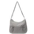 Grey nylon crossbody bag for women with dual drawstring pockets and adjustable shoulder strap - Gray