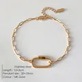 Bracelet chaîne trombone en acier inoxydable doré 14K avec breloque ovale mousqueton - Style Maillon Trombone Or 14K (XBL0063-2)