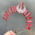 Handmade red crystal crown headband with silver hollow moon and hexagonal quartz stones - Dark Red