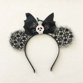 Detail of Halloween headband with spiderweb lace ears, bat wings and skull centerpiece - Skull Bat Round Ears Headband