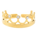Adjustable golden crown ring with white rhinestones and intricate carved texture details - Crown Rhinestone Style (DZ-435-04)