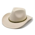 Detailed close-up of beige felt cowboy hat with gold-black braided band on white background - Size S (Circumference 54cm) / Beige