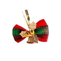 Close-up of Christmas linen bow with red and green plaid pattern, gold leaves and bell - Red Green Plaid Style 3 (5*3.5CM)