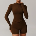 Women's slim-fit yoga jacket and shorts set in deep coffee color with inverted V-hem - S / Birch Tea Brown
