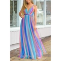 Macro shot of the lightweight rainbow mesh fabric and deep V-neck detail of the maxi dress - Rainbow 22