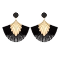 Pendientes bohemios de color negro y oro con borlas en abanico y metal con textura - Negro