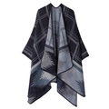 Double-sided navy blue and grey plaid faux cashmere poncho shawl for autumn warmth - Colorful Checkered Dark Navy