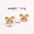 Pink gemstone bow earrings in gold finish with precise 10mm by 12mm dimensions - Style 2 Gold