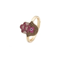 Hamsa Hand evil eye open ring in gold plated copper with pink and white enamel - Adjustable Open / Pink