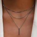 Three-layer gunmetal necklace with snake chain and vertical rectangular bar pendant - Style 08 / Silver
