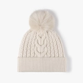Winter cable knit beanie in cream white with a soft faux fur pom pom and ribbed cuff - Adjustable / Beige