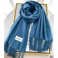 Elegant grey-blue cashmere winter scarf with fringes and minimalist brand label - Grey Blue