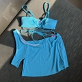 Sky blue three-piece ribbed bikini set with pink heart buckles and matching mini skirt - S / Sky Blue
