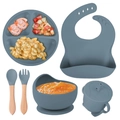 Blue-grey silicone baby feeding set with suction plate, bowl, cup, spoon, fork, and bib - Sea Blue-6Pcs Set
