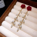 Detail of red flocked rose and drop pearl long tassel earrings on velvet background - 39# Silver Earring Post - Red - White