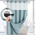 Blue waffle weave shower curtain with built-in rings and breathable mesh top panel - Light Blue