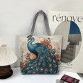 Ethnic peacock embroidery canvas tote bag in beige with floral 3D patterns and striped handles - Peony Peacock