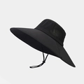 Detail of black wide brim sun hat featuring breathable side mesh and adjustable chin cord - Black
