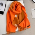 Two-sided knit scarf in orange and brown tones with fringe and brand label detail - 200*70cm / Orange + Dark Orange