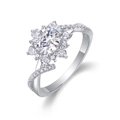 Macro shot of S925 silver ring featuring snowflake lab diamond and twisted halo band - US Size 5 / Moissanite Ring