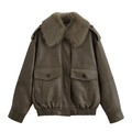 Giacca da aviatore in finta pelle con collo di pelliccia rimovibile e grandi tasche - XS / Verde Militare