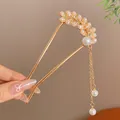 Elegant gold U-shaped hair pin with fan-style white pearls and sparkling rhinestones - Pearl Leaf Hair Stick