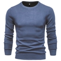 Detailed close-up of blue slim fit crewneck sweater showing fine knit texture and size S label - Grey Blue