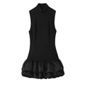 Elegant sleeveless black mini dress with floral lace bodice and layered satin skirt - XS / Black