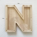 Letter N shaped wooden piggy bank with clear acrylic panel and 18cm size label - Letter N